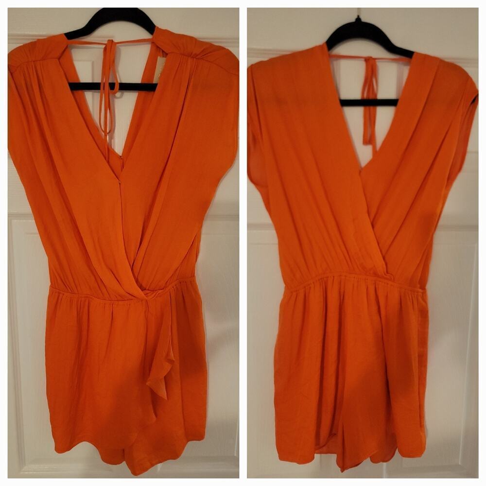 JUDITH MARCH Faux Wrap Romper Womens Sz Small Layered Bohemian Festival Orange